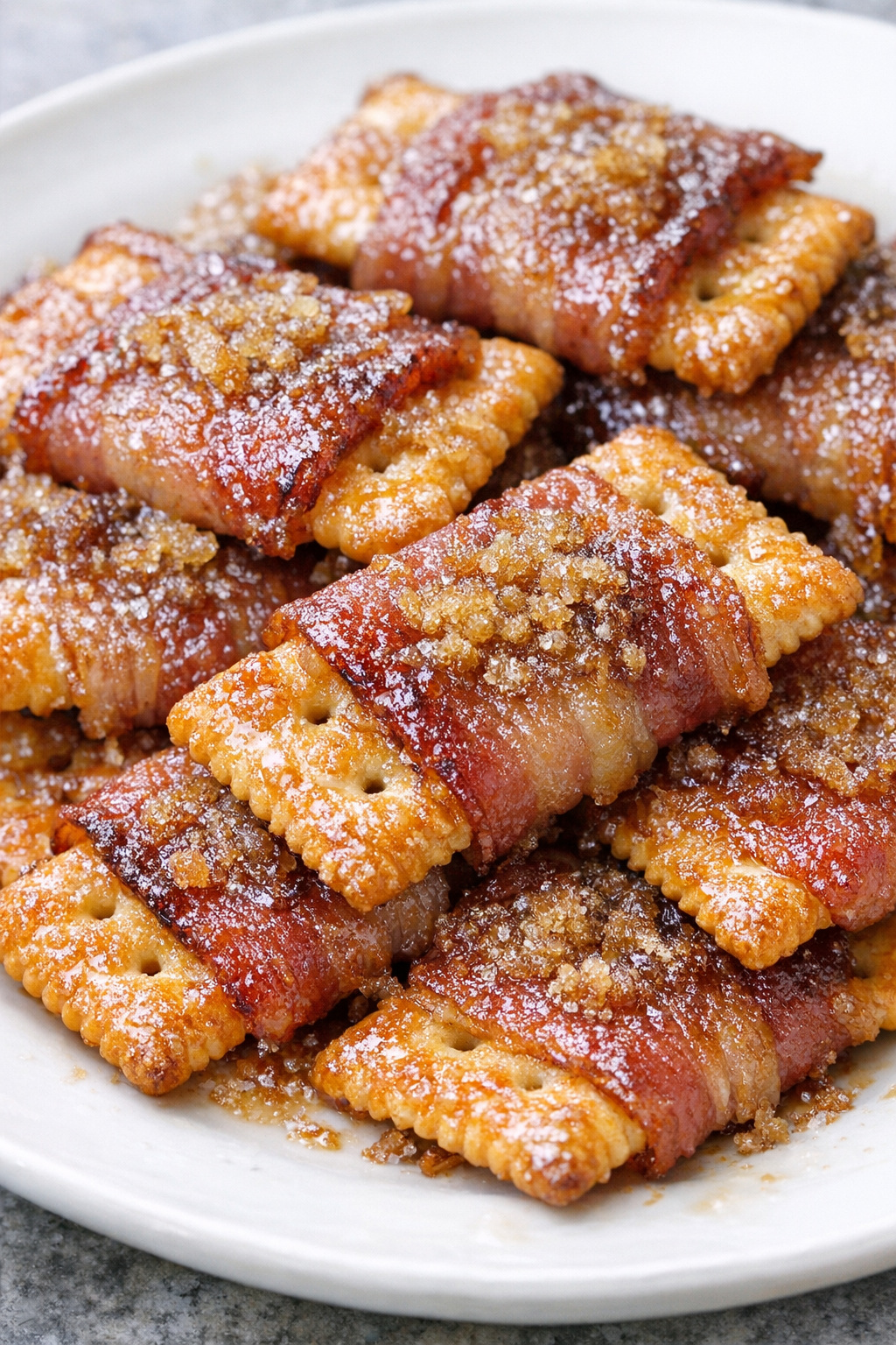 Southern 3-ingredient bacon wrapped crackers on a white ceramic plate