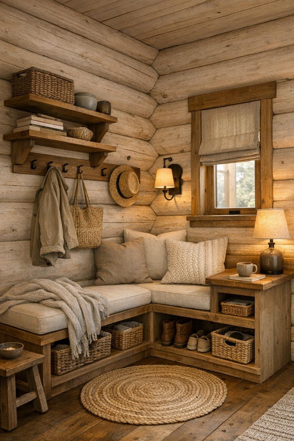 Thoughtful secondary space with built-in bench, storage, and warm rustic modern finishes