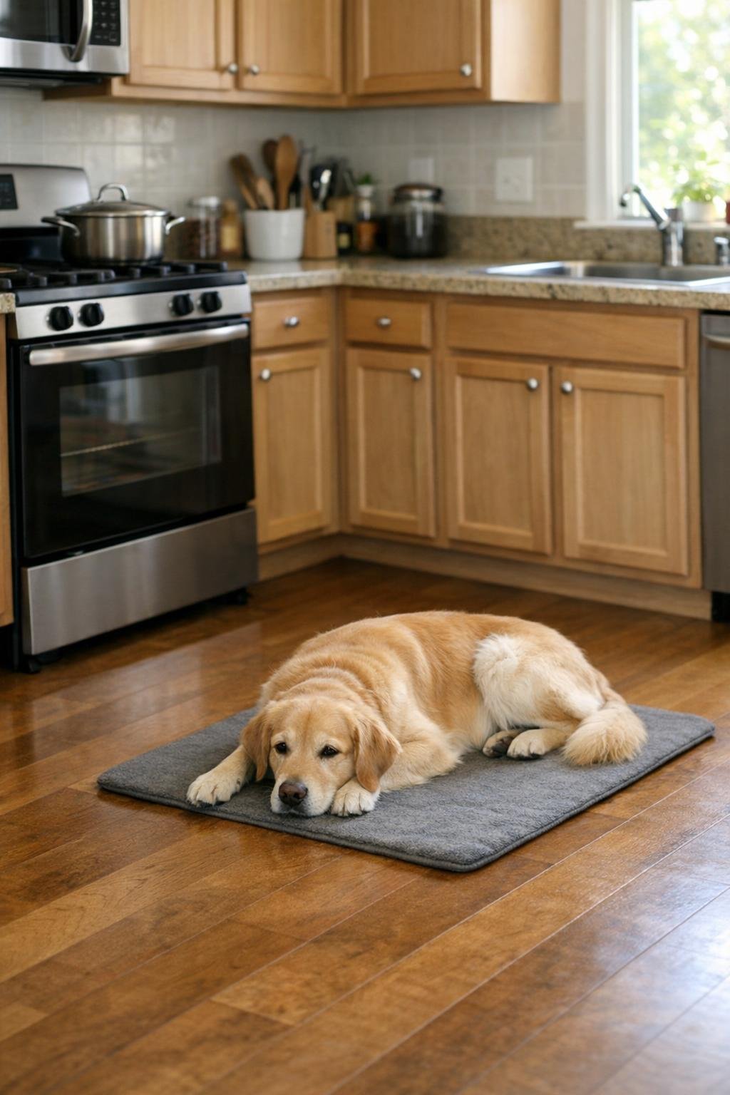Dog settled on a mat near the kitchen work area
