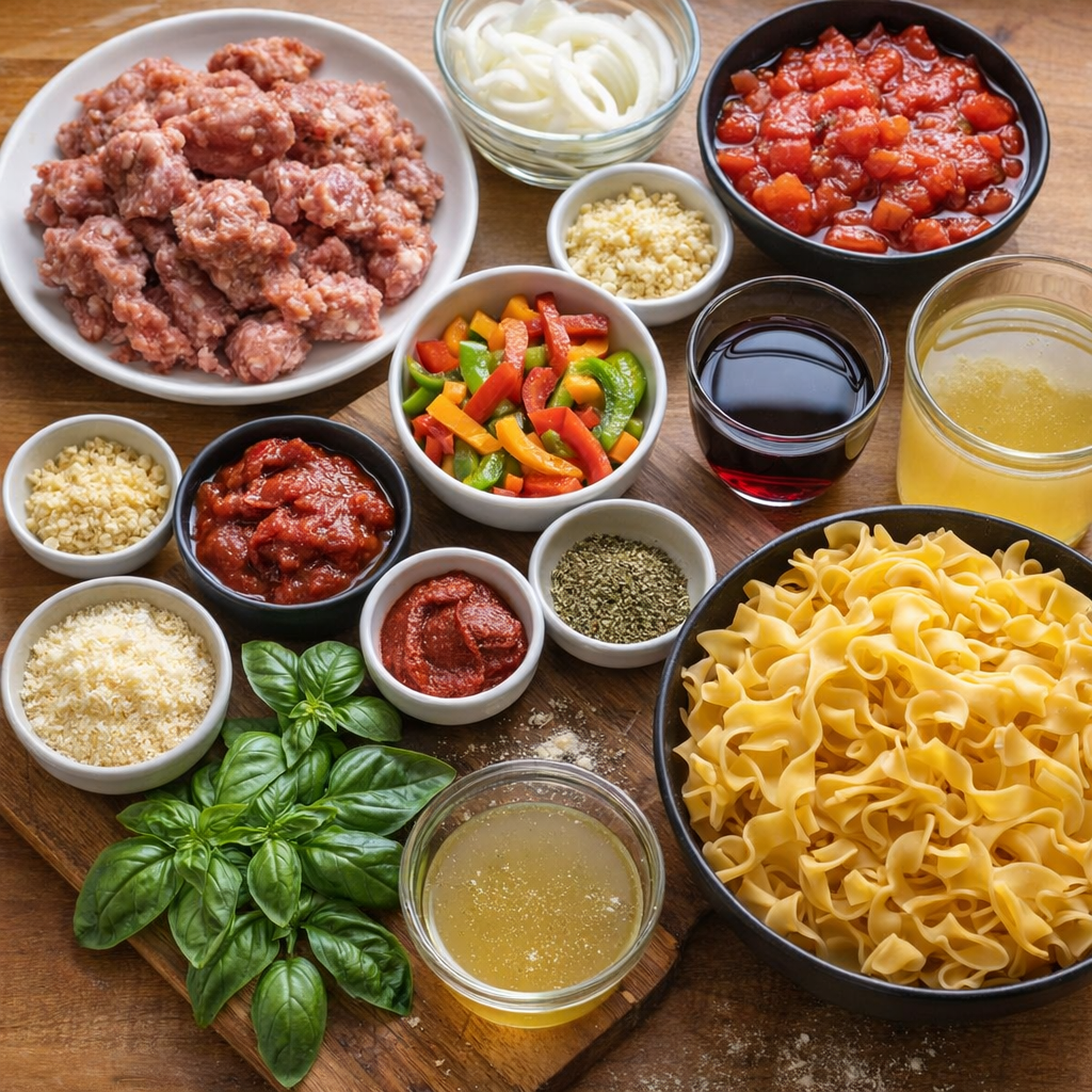 Ingredients arranged for Italian drunken noodles on a kitchen counter
