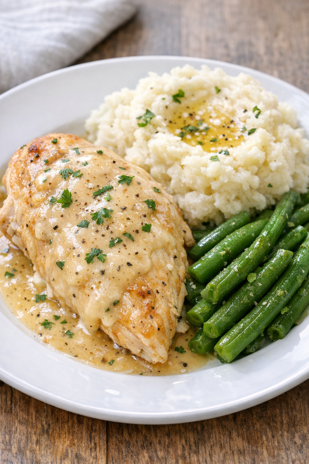 Plated county fair chicken with mashed potatoes and green beans