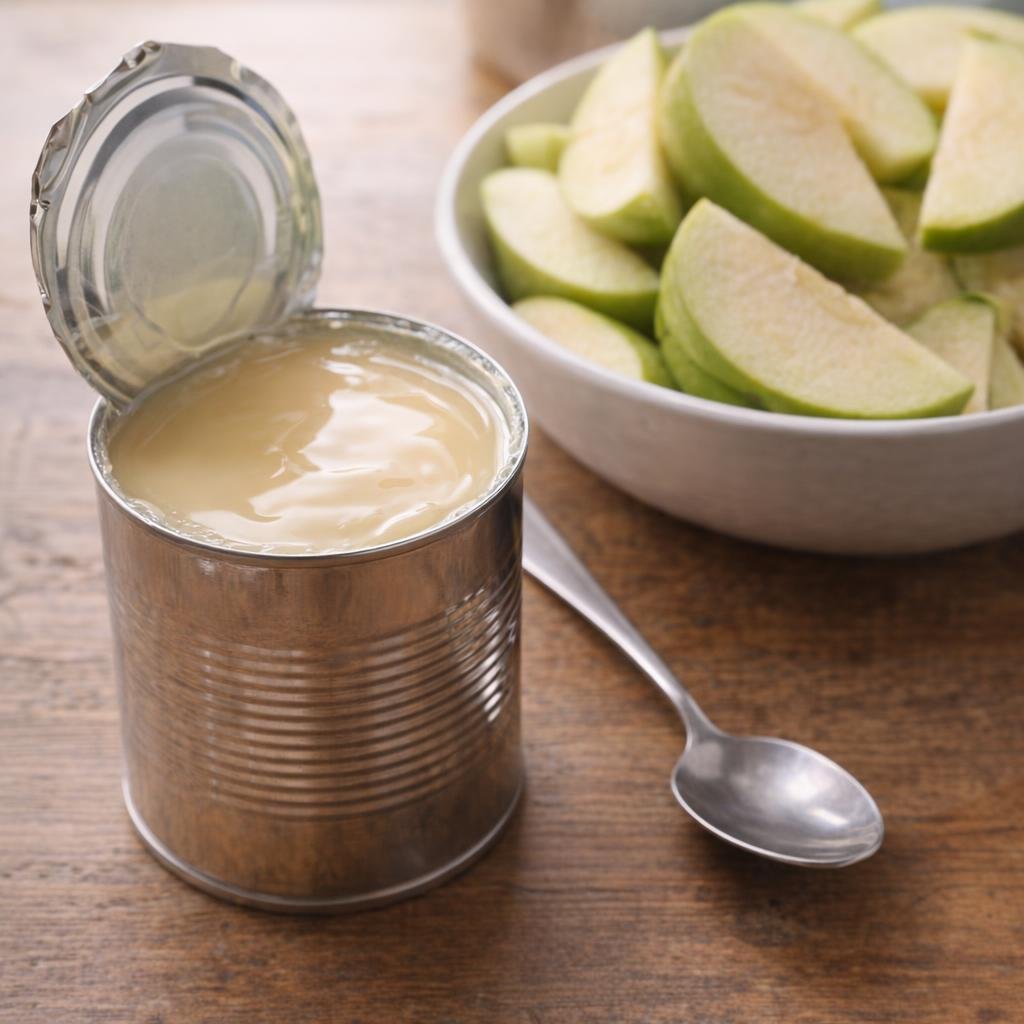 Opened can of condensed milk beside sliced apples