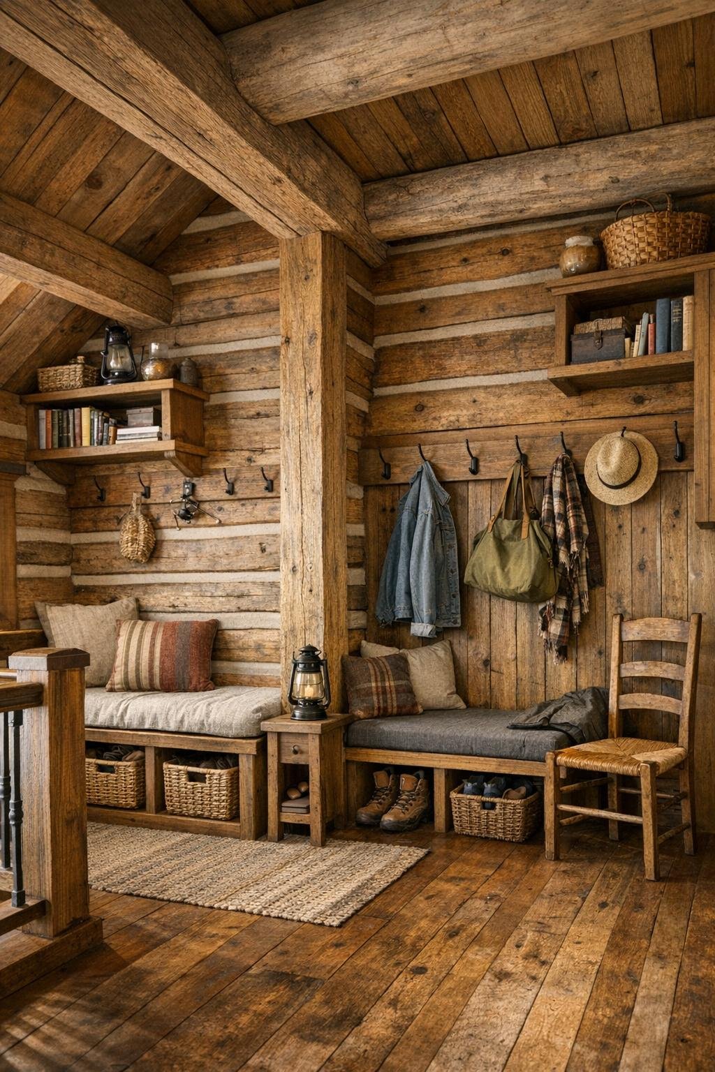 Cozy loft and mudroom area with built-ins in a rustic log home