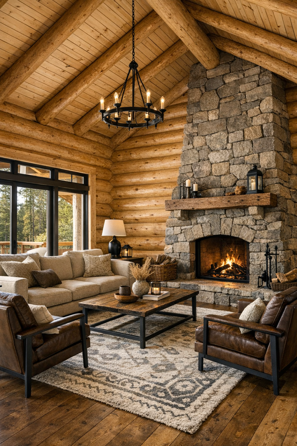 Rustic living room with pale Sitka spruce log walls, stone fireplace, and neutral seating