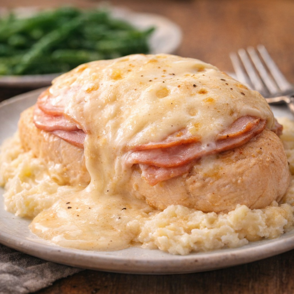 Plated chicken cordon bleu over mashed potatoes