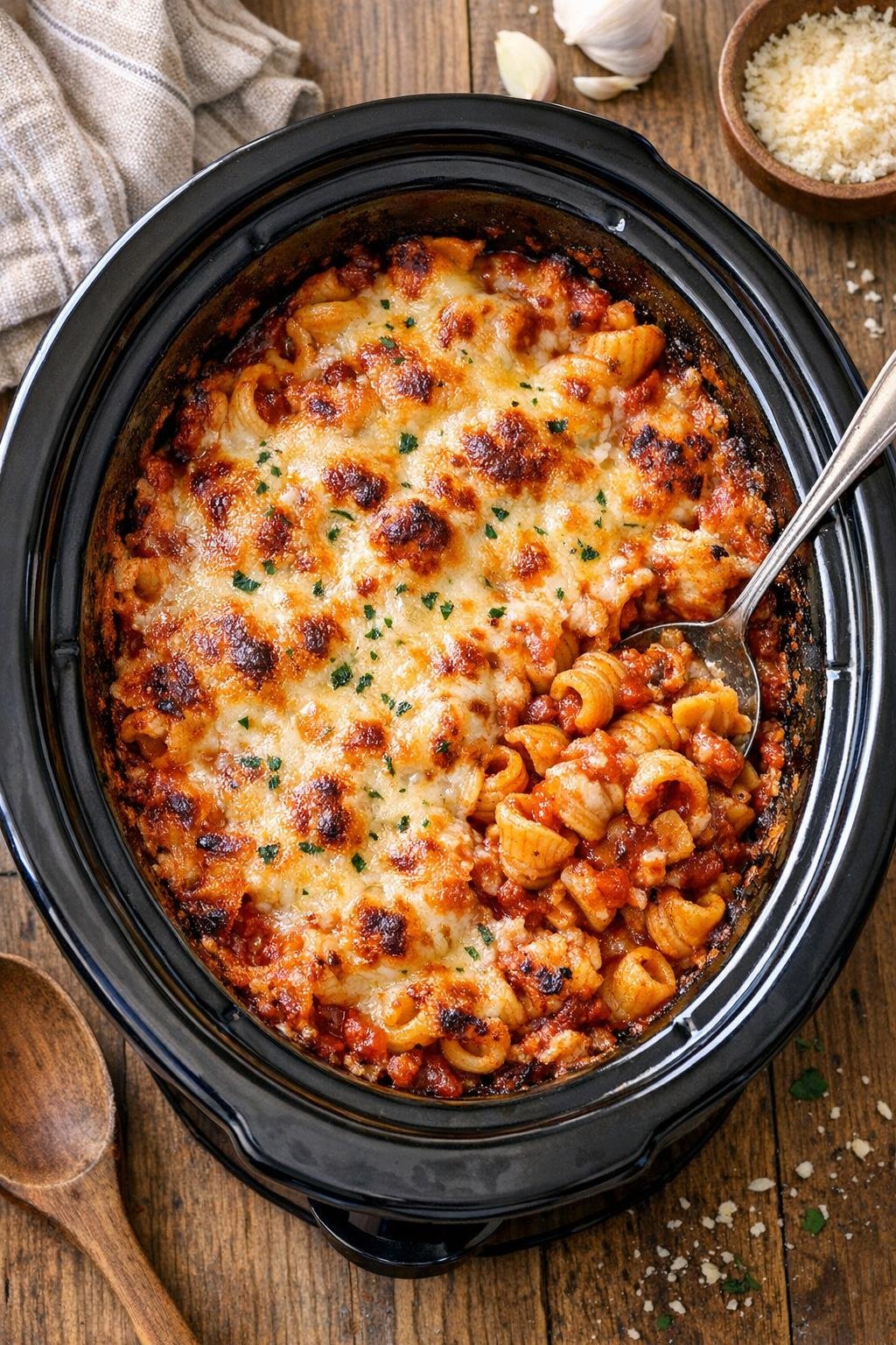 Finished slow cooker baked torchio pasta