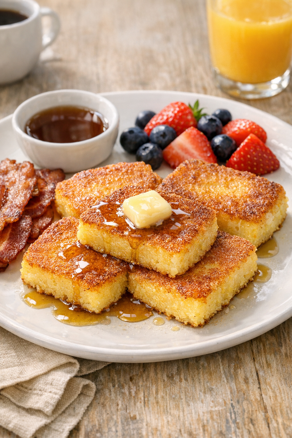 Plated fried cornmeal mush with syrup and breakfast sides