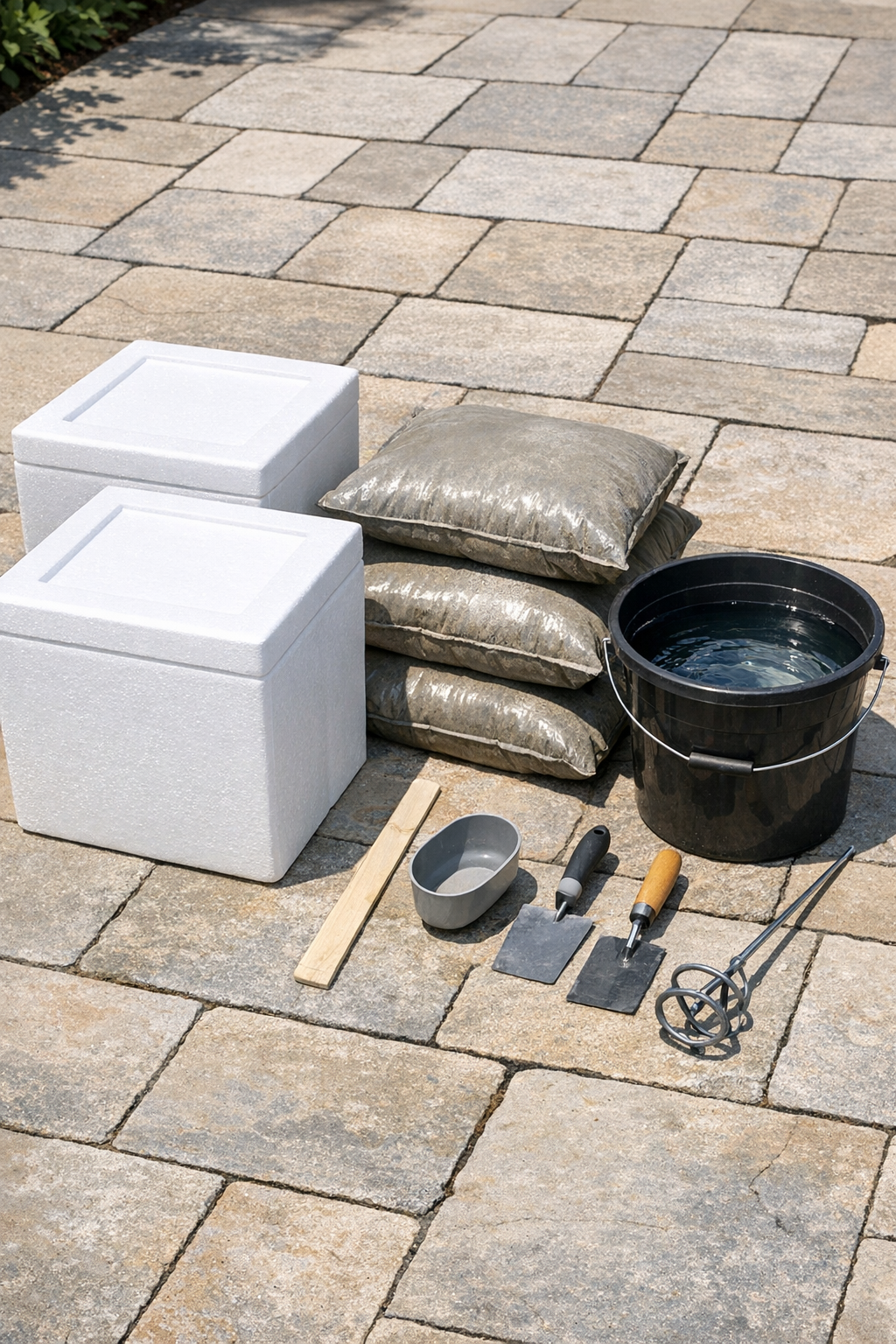 Foam coolers and bags of cement arranged as project materials