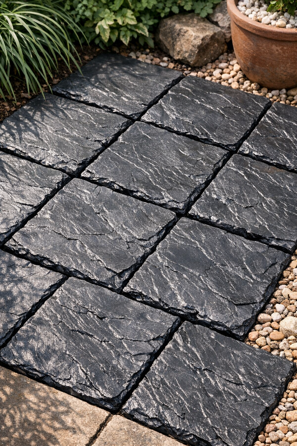 Finished faux slate outdoor tiles made from melted plastic clipboards
