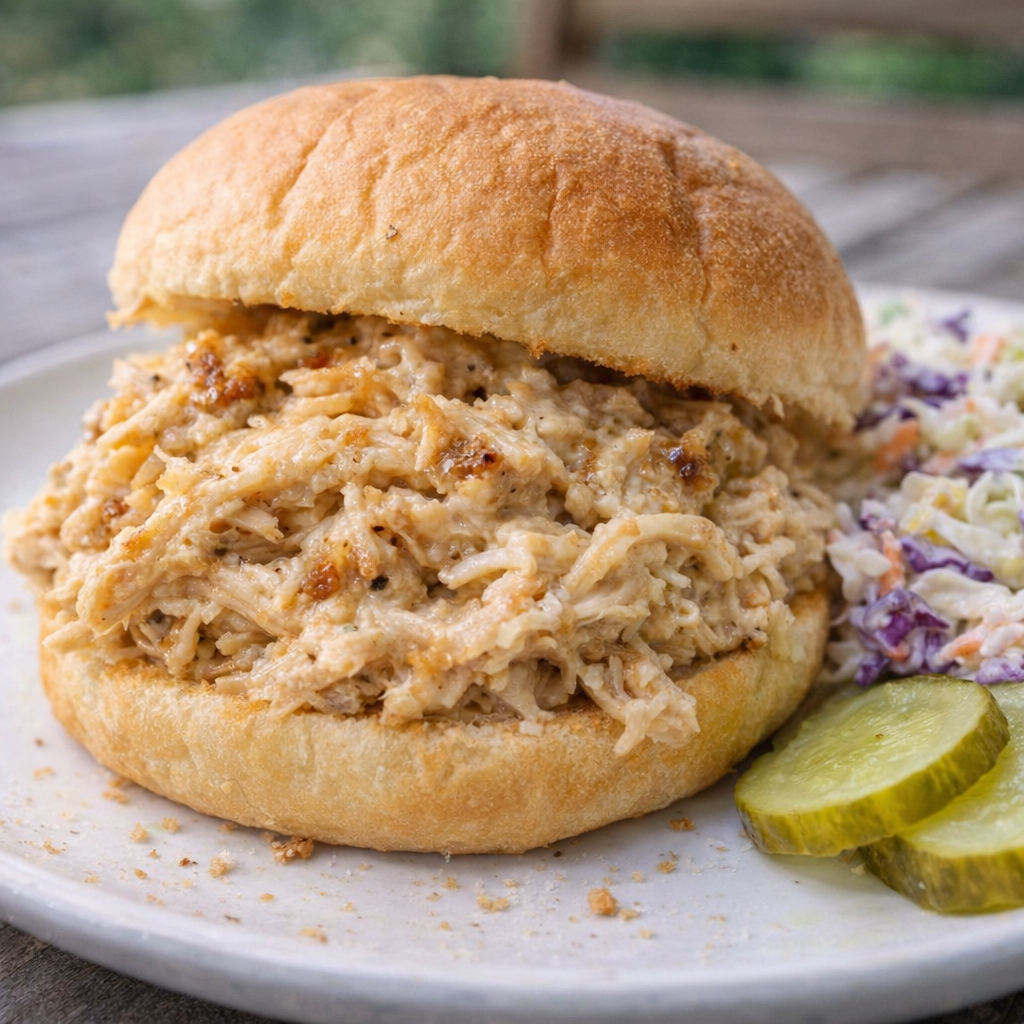 Creamy shredded chicken served on a sandwich roll with pickles