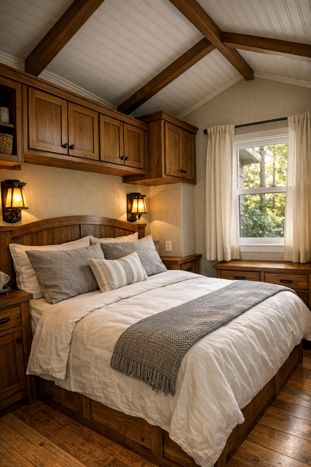 Serene small bedroom with layered neutral bedding and built-in storage