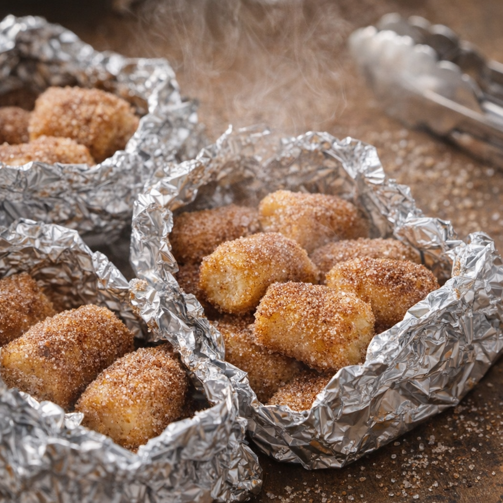 Freshly opened churro bite parcels dusted with cinnamon sugar