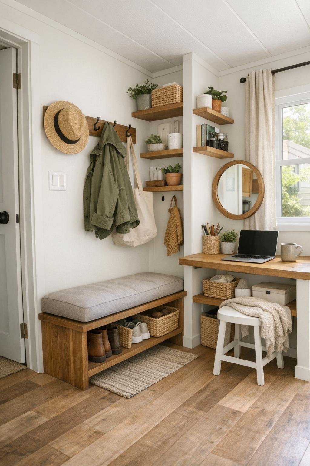 Thoughtful entry and multipurpose nook with storage details inside a cottage-style park model RV