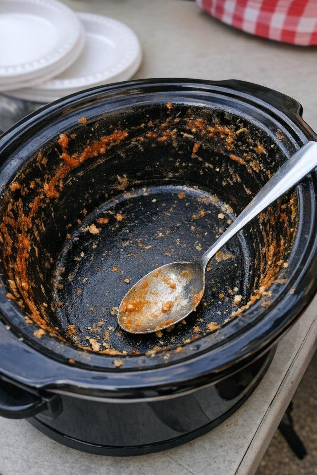 Nearly empty slow cooker crock with sweet chili dip remnants
