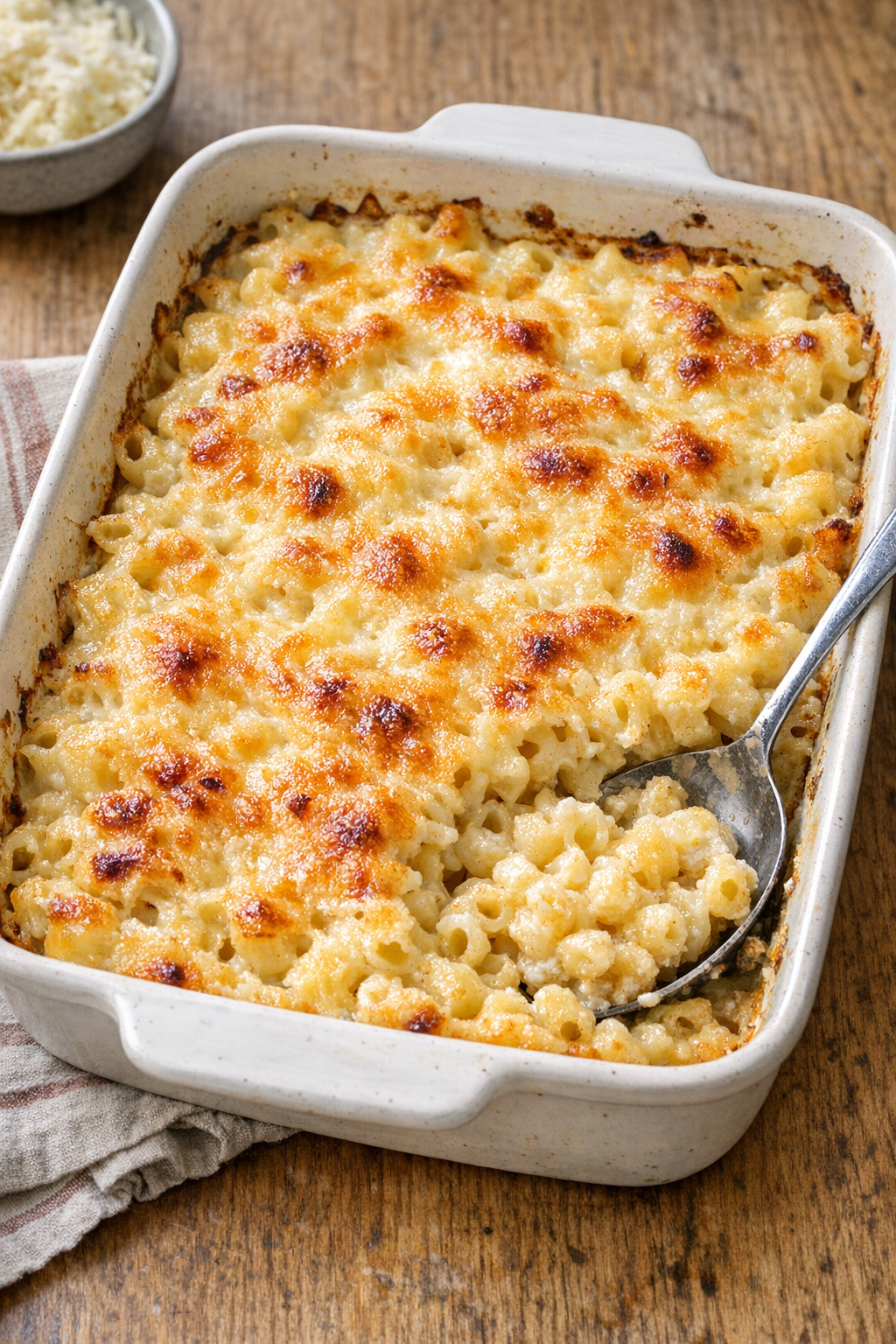Finished baked creamy Italian macaroni in a rustic casserole dish
