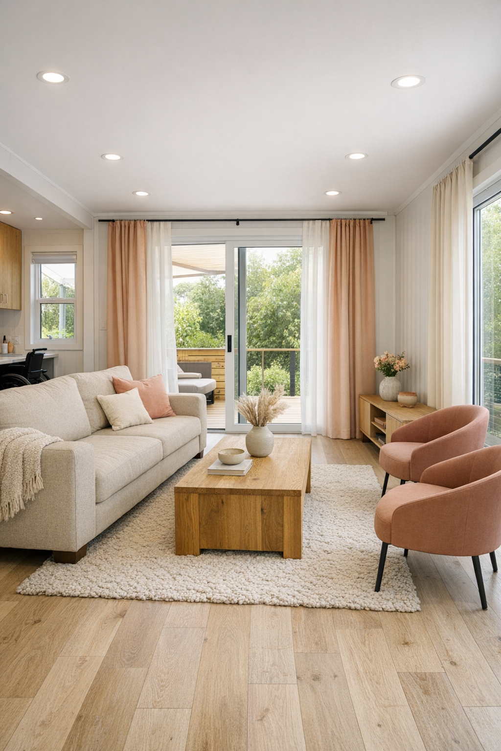 Warm accessible living room with peach accents and pale wood floors