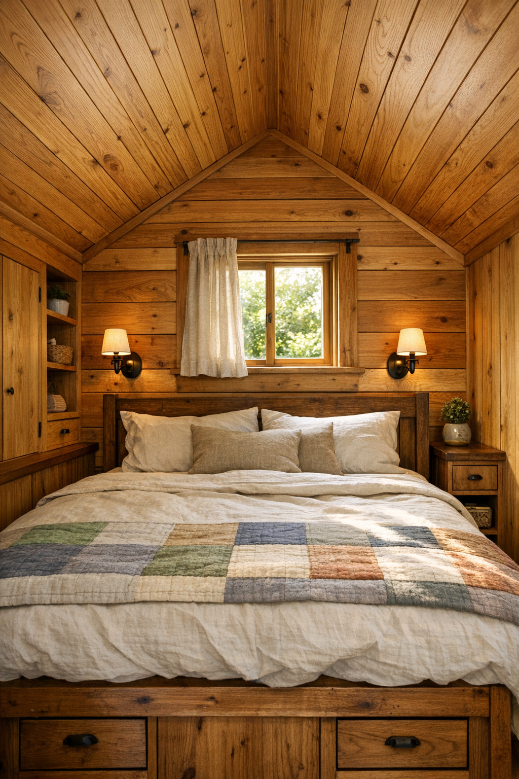 Serene cedar bedroom with layered linen bedding under a sloped roofline