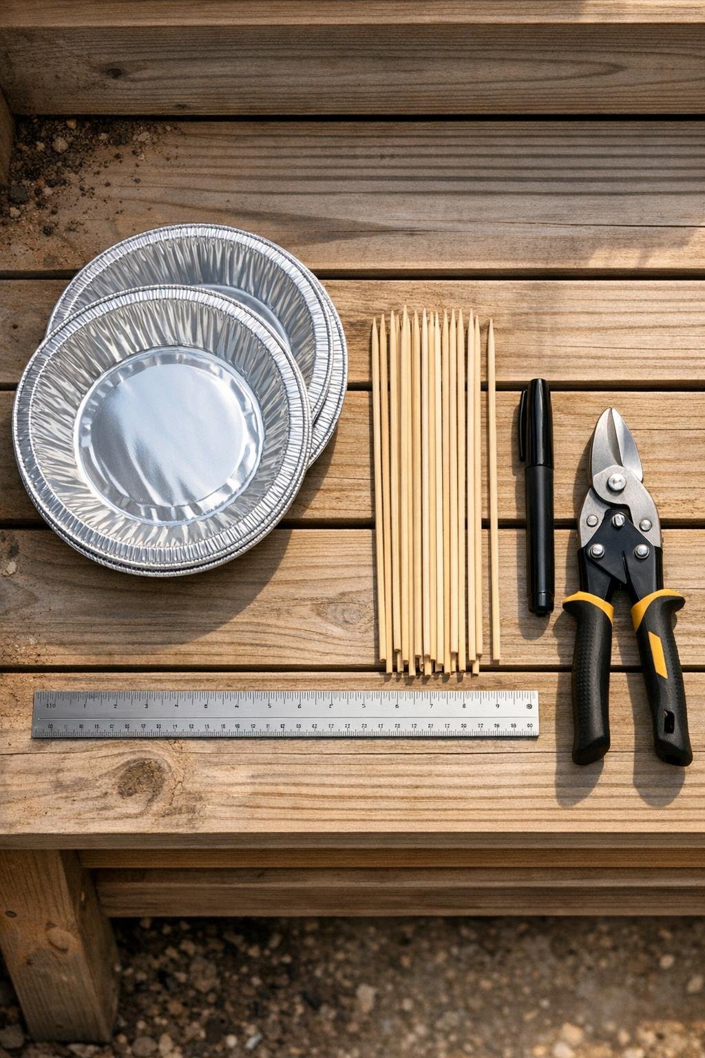 Aluminum pie tins and bamboo skewers laid out on a potting bench