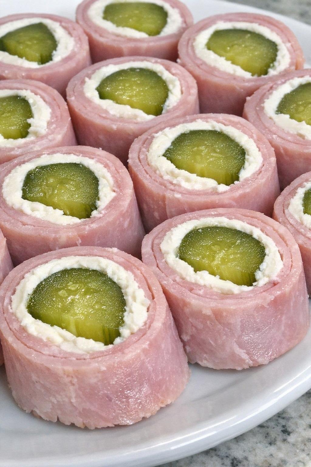 Sliced ham pickle roll-ups on a white plate