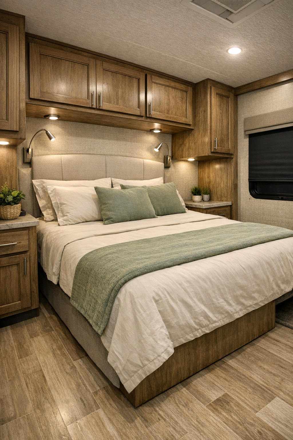 RV bedroom with layered cream and sage linens, wood-grain millwork, and built-in storage