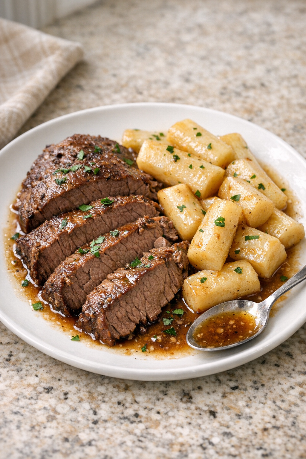Finished Amish parsnip beef plated with tender slices of tri-tip and soft parsnips