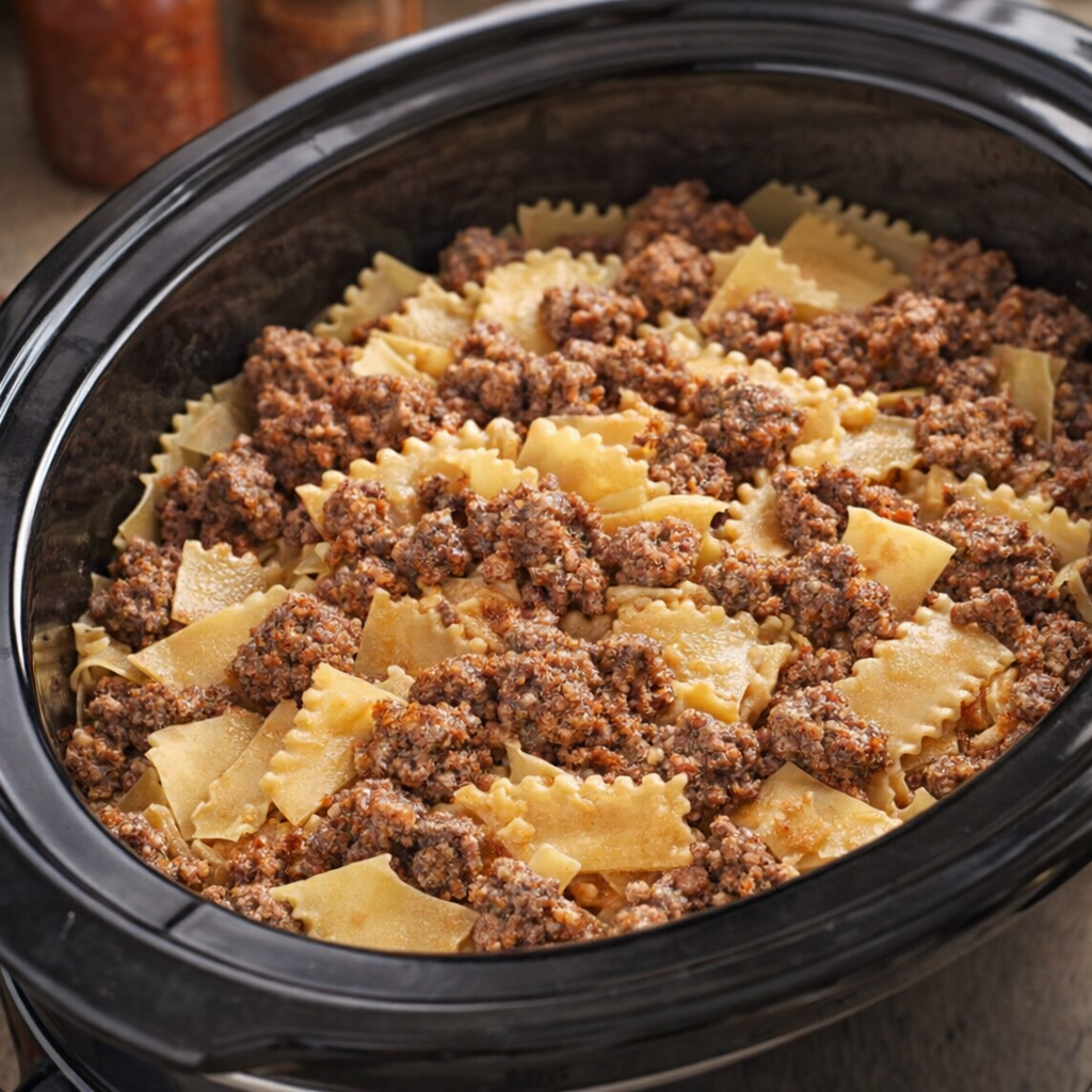 Layer of broken noodles and browned sausage in the slow cooker