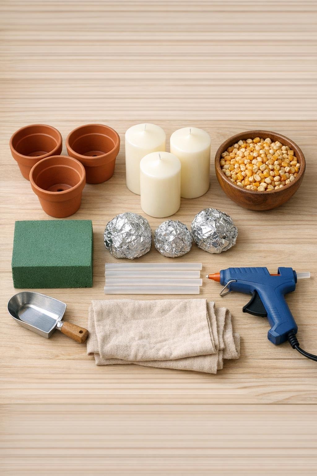 Terracotta pots, ivory pillar candles, dried corn kernels, and basic supplies laid out together