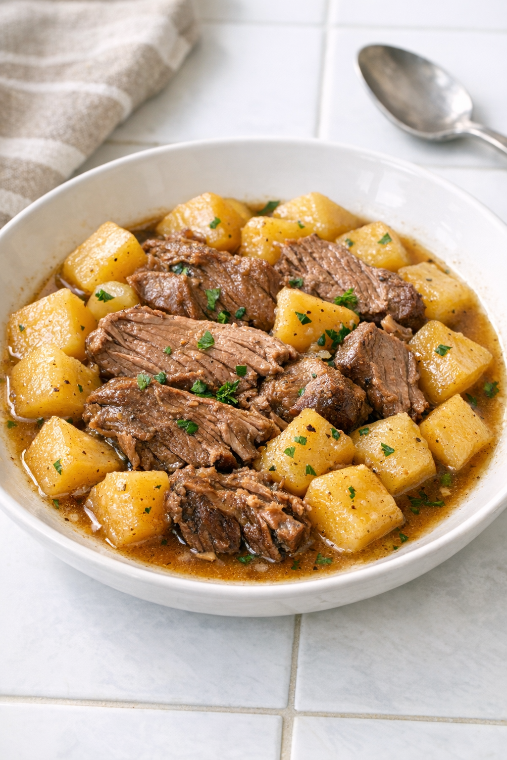 Finished Amish rutabaga beef plated in a shallow bowl