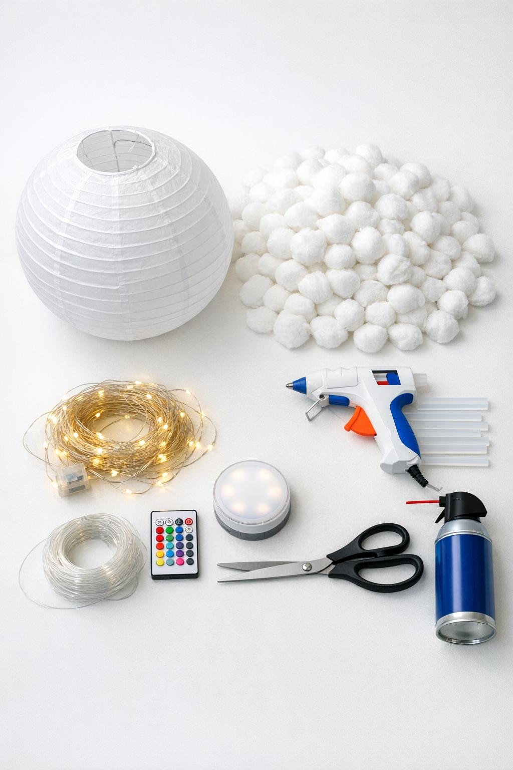 Materials for making a cotton ball thundercloud lamp