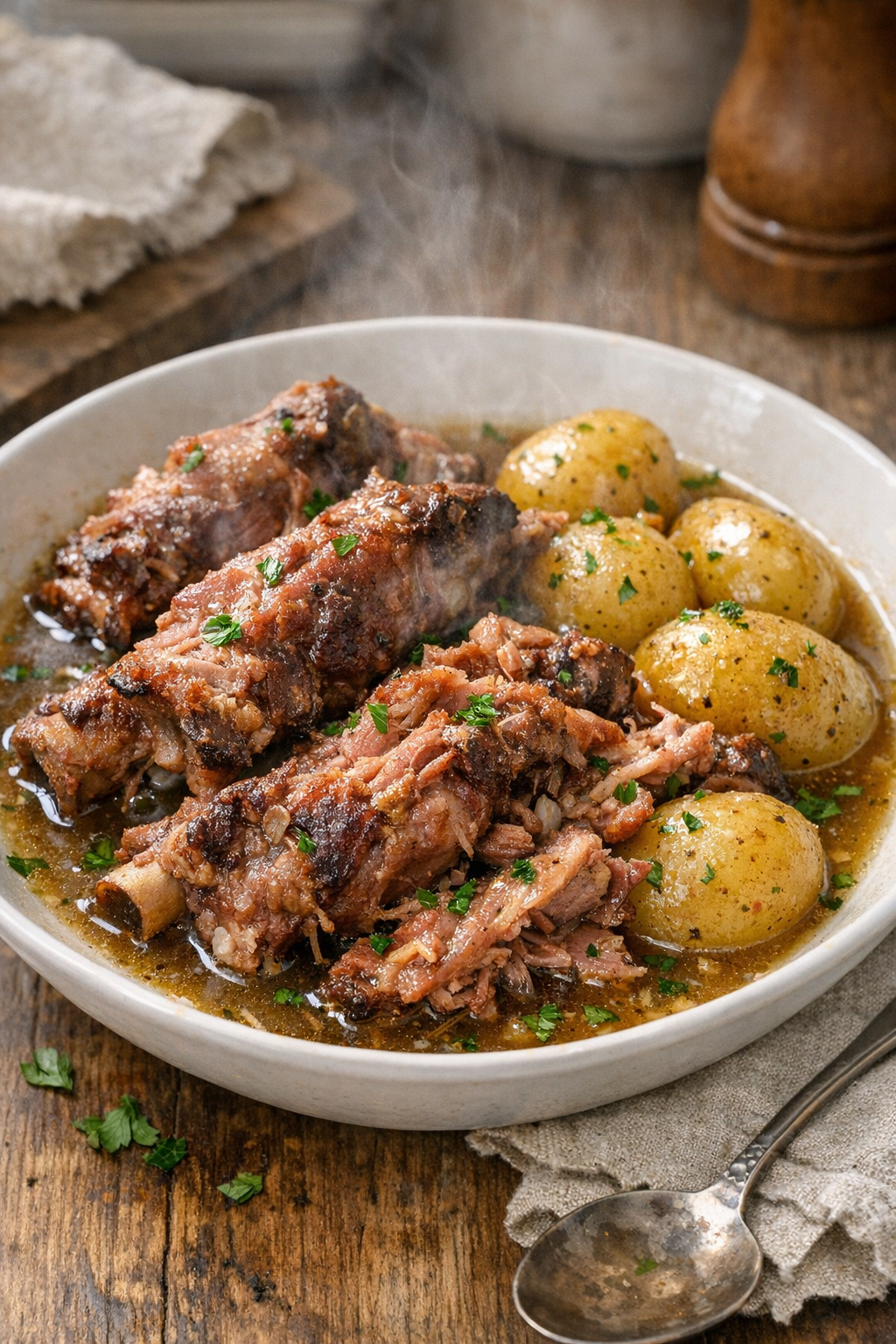 Finished smoked pork neck bones plated with potatoes and broth