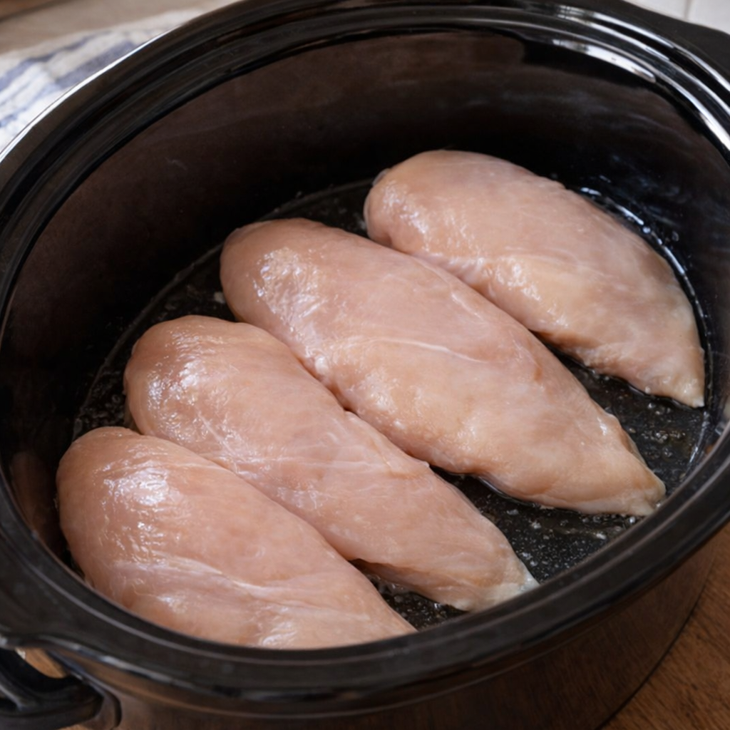 Raw chicken breasts arranged in a slow cooker insert