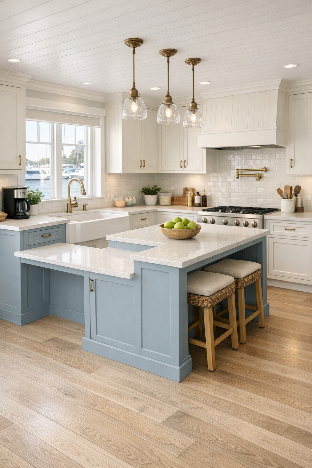 Accessible coastal kitchen with gray-blue island and quartz counters