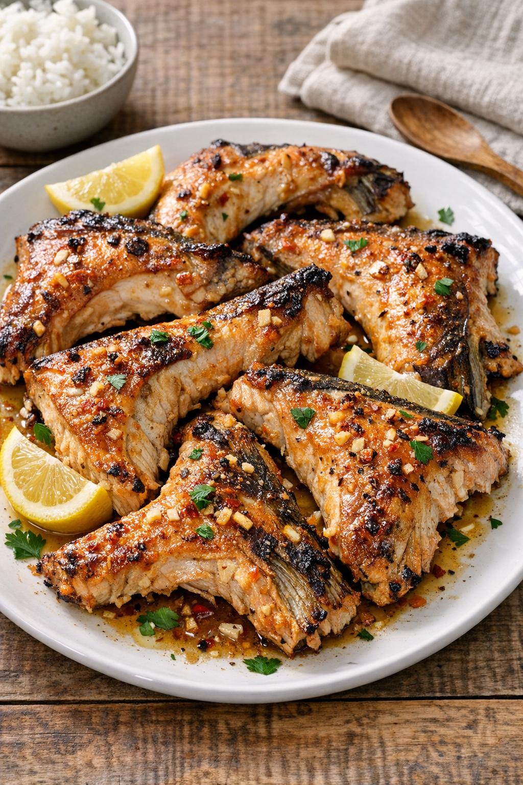 Finished baked salmon collars on a platter