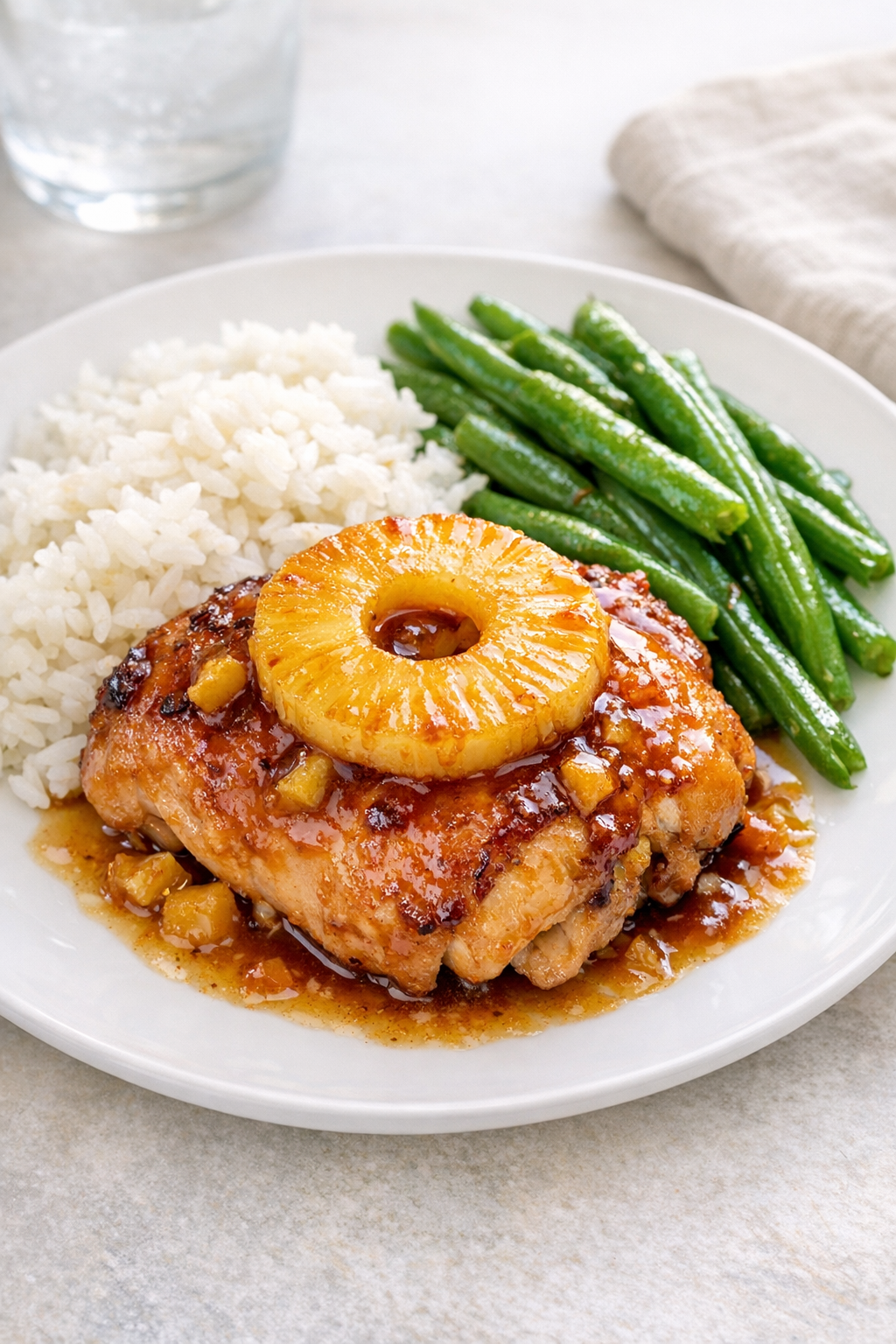 Plated chicken aloha with rice and green beans