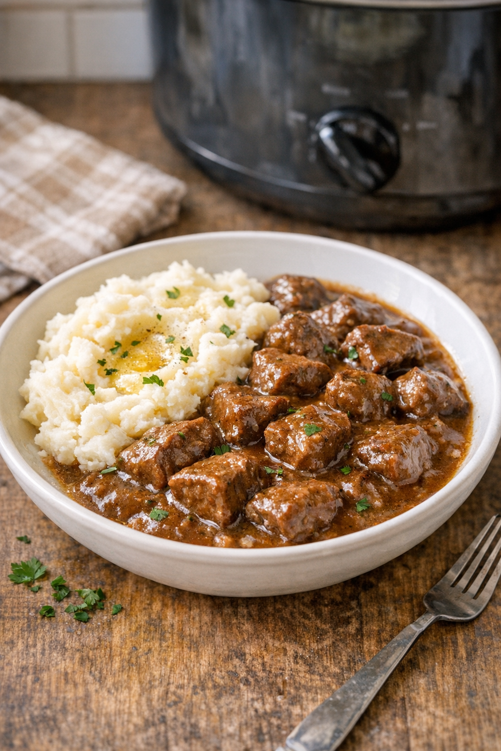 Finished slow cooker beef plated with gravy
