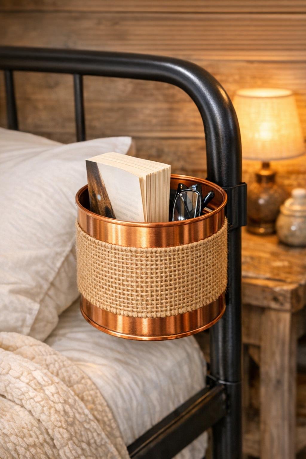 Finished burlap-wrapped copper tin can bedside book nook attached to a metal bed frame