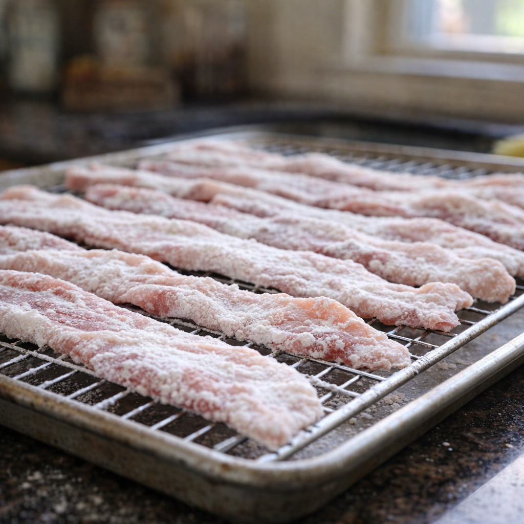 Bacon strips lightly coated in flour on a rack