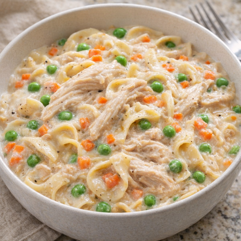 Chicken and noodles with peas and carrots stirred into the sauce