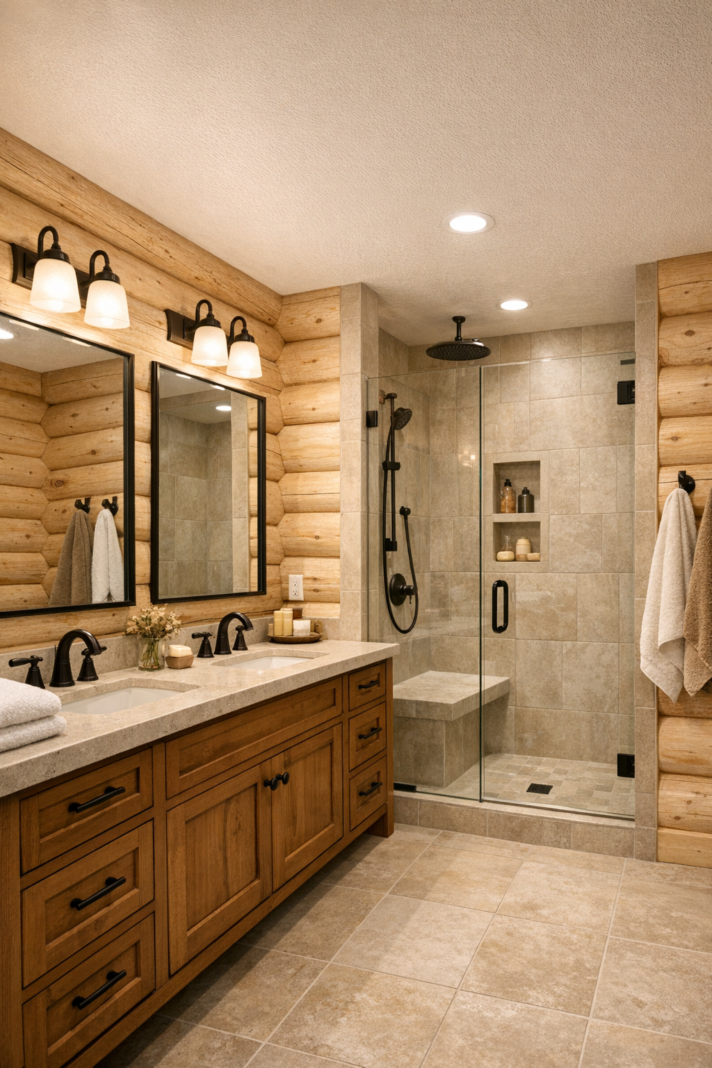 Warm bathroom with log walls, stone vanity, glass shower, and soft neutral finishes