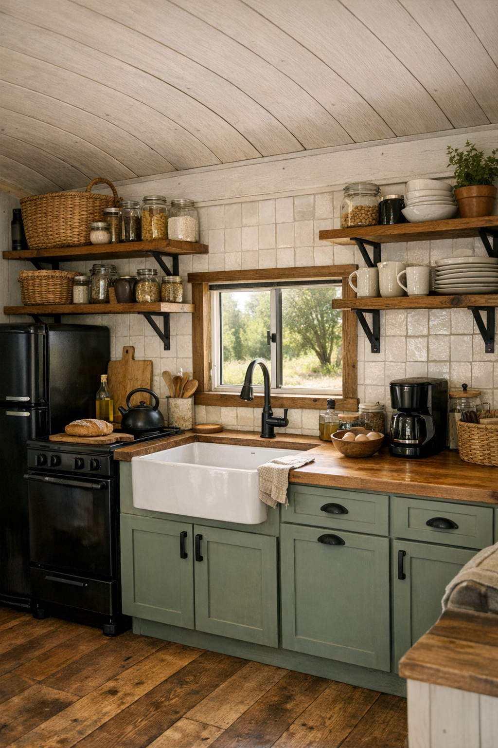 Off-grid bus kitchen with sage green cabinets, butcher-block counters, and open wood shelves