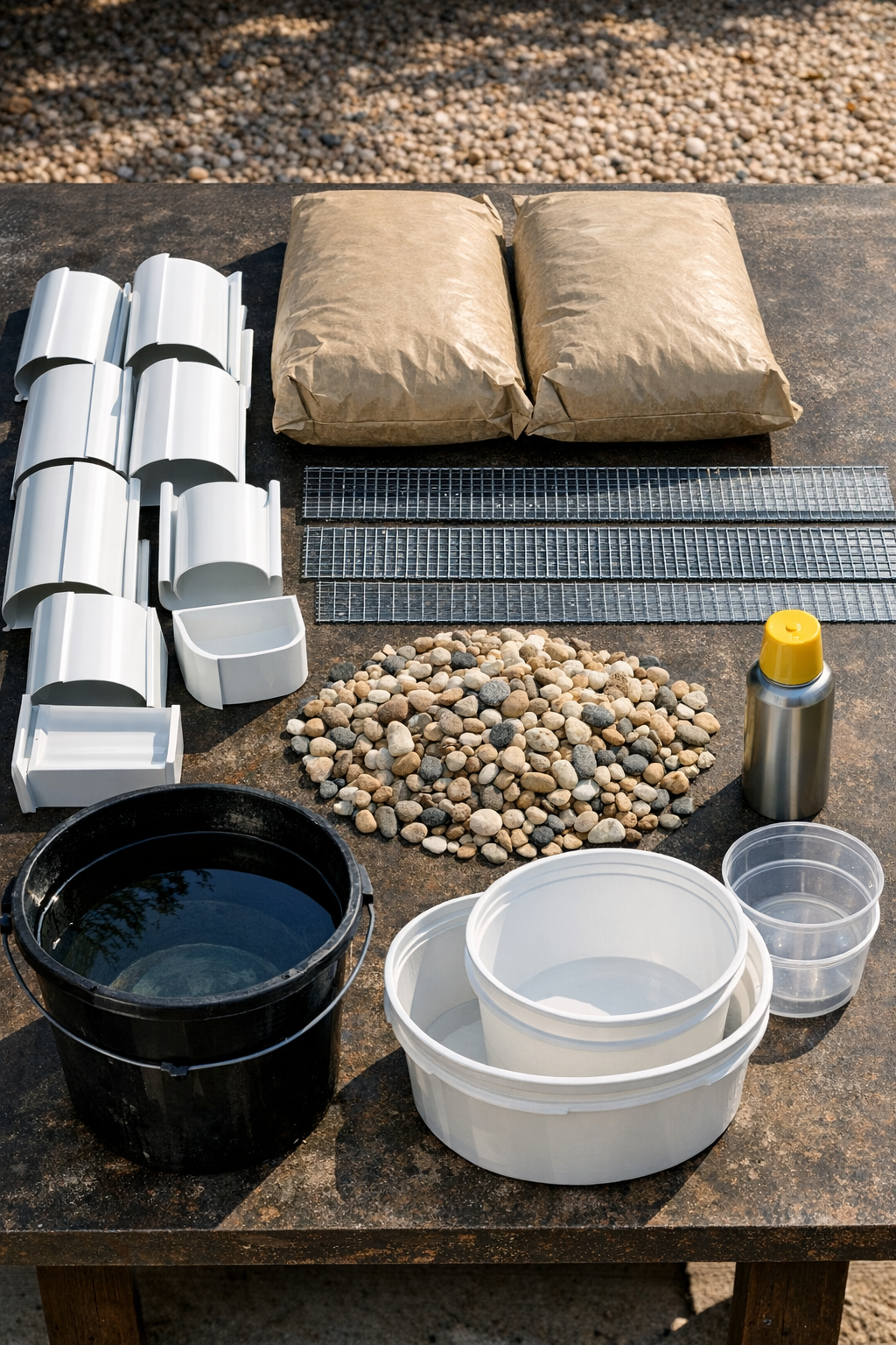 Materials for making cement half-pipe yard borders laid out on a worktable