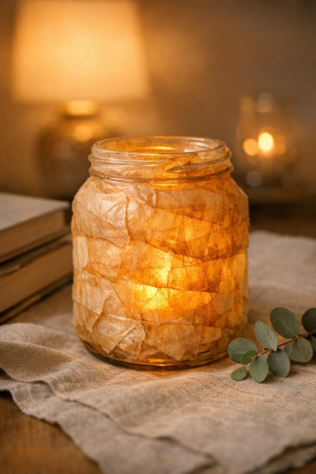 Finished tea bag parchment luminary glowing on a table