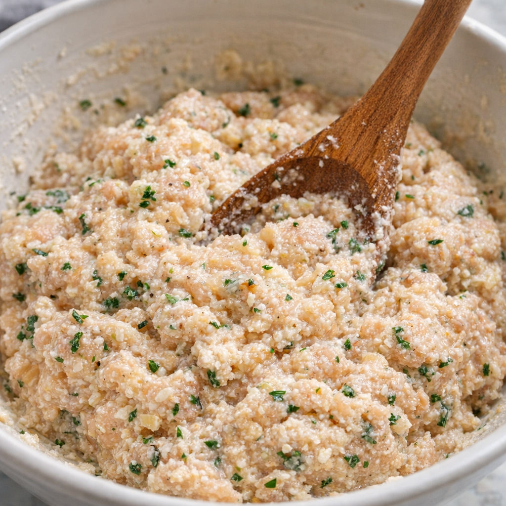 Chicken meatball mixture being mixed in a large bowl