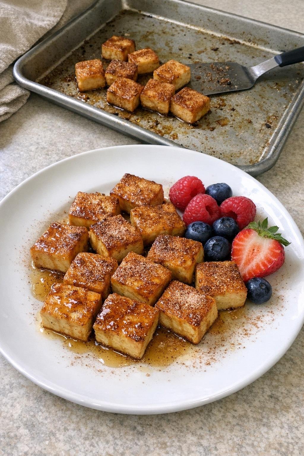 Finished baked tofu dessert on a plate