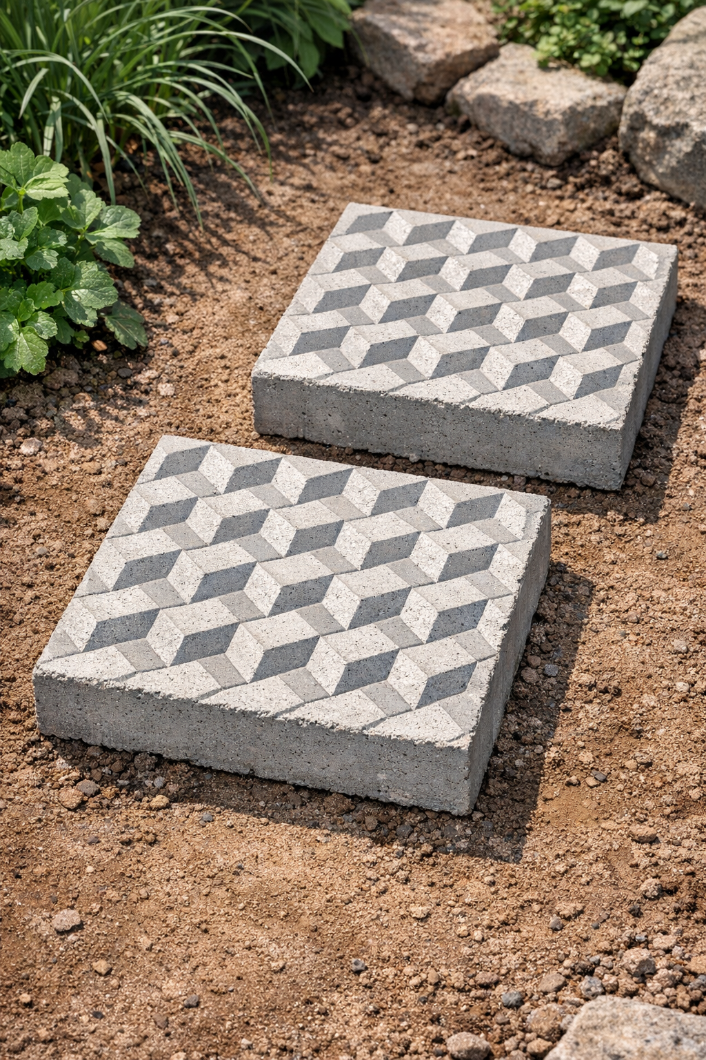 Finished heavy textured patio blocks made from cement and silicone ice trays