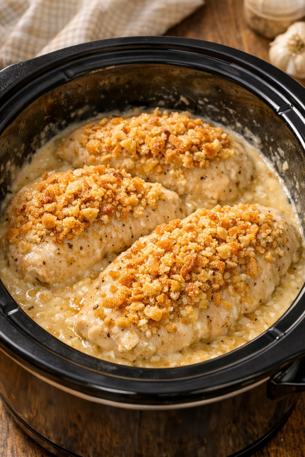 Cooked butter cracker chicken in the slow cooker