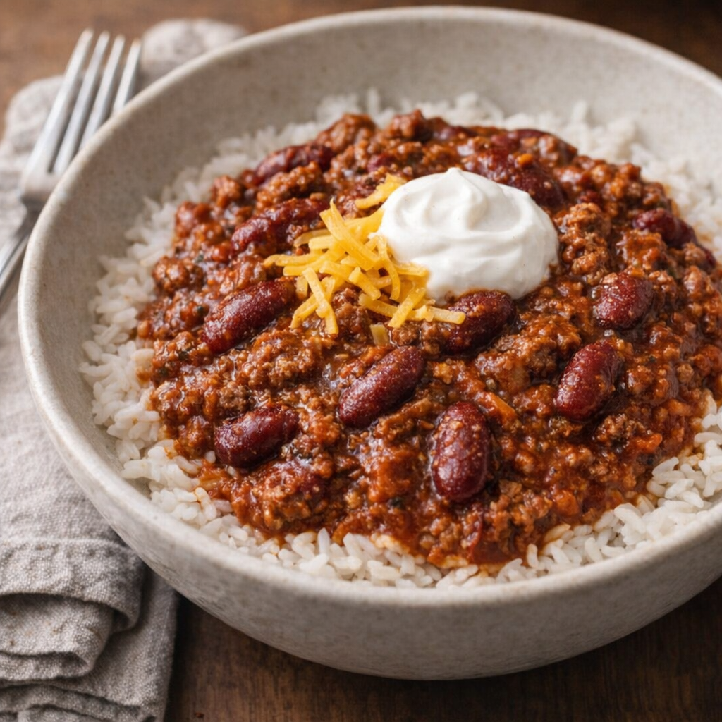Chili served over rice with simple toppings