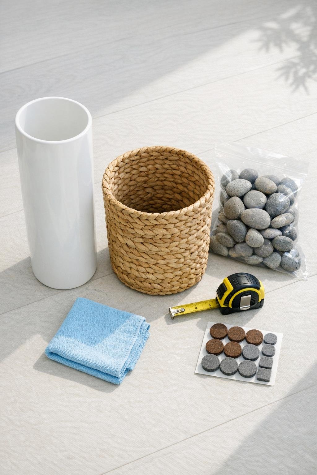 Materials laid out for the umbrella holder project