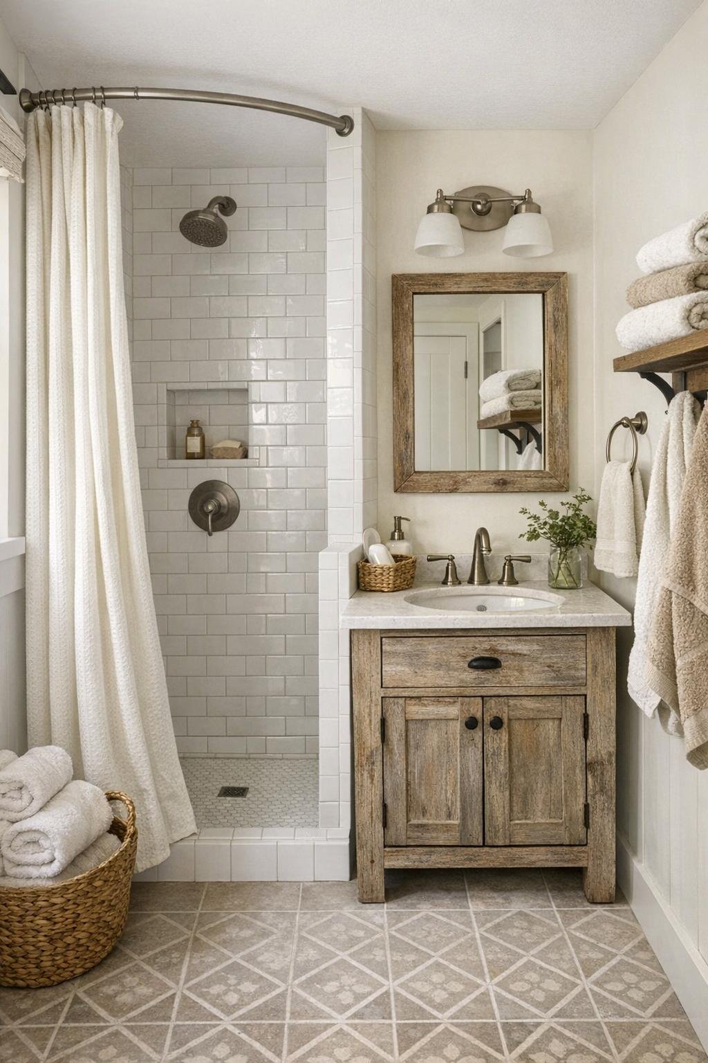 Charming small bathroom with white tile shower and rustic vanity