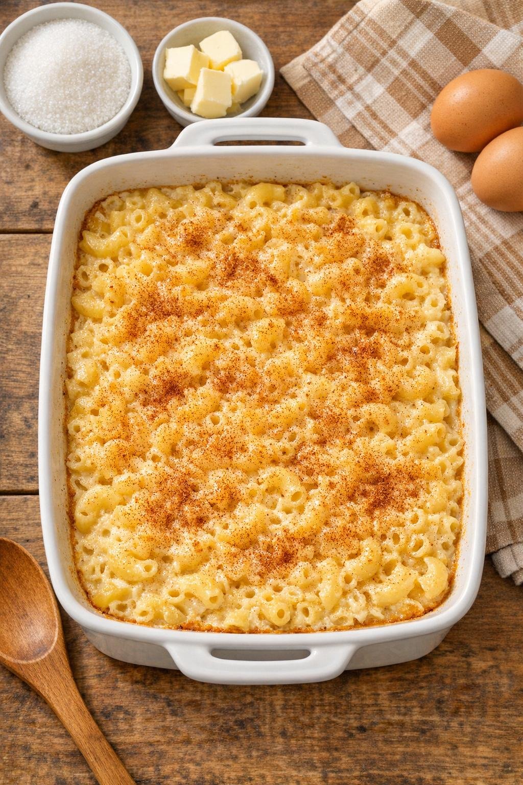 Finished baked macaroni dessert in a ceramic casserole dish